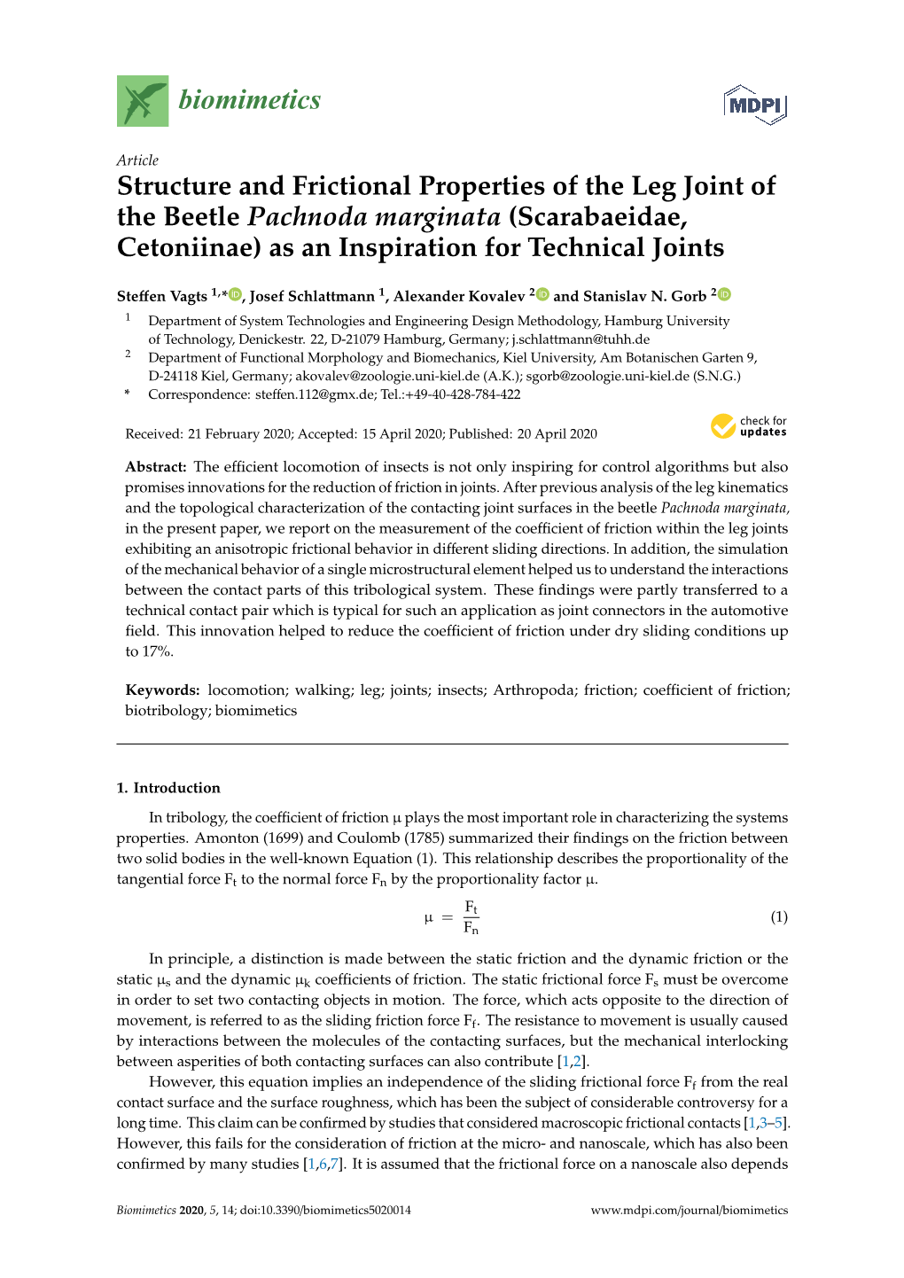 Structure and Frictional Properties of the Leg Joint of the Beetle Pachnoda Marginata (Scarabaeidae, Cetoniinae) As an Inspiration for Technical Joints