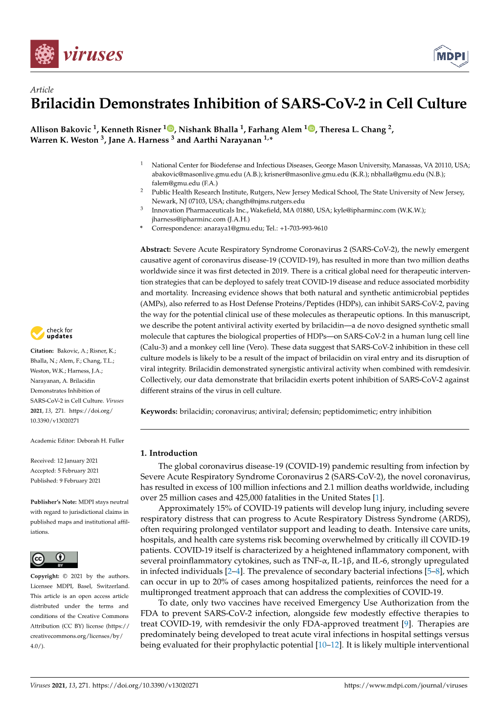 Brilacidin Demonstrates Inhibition of SARS-Cov-2 in Cell Culture