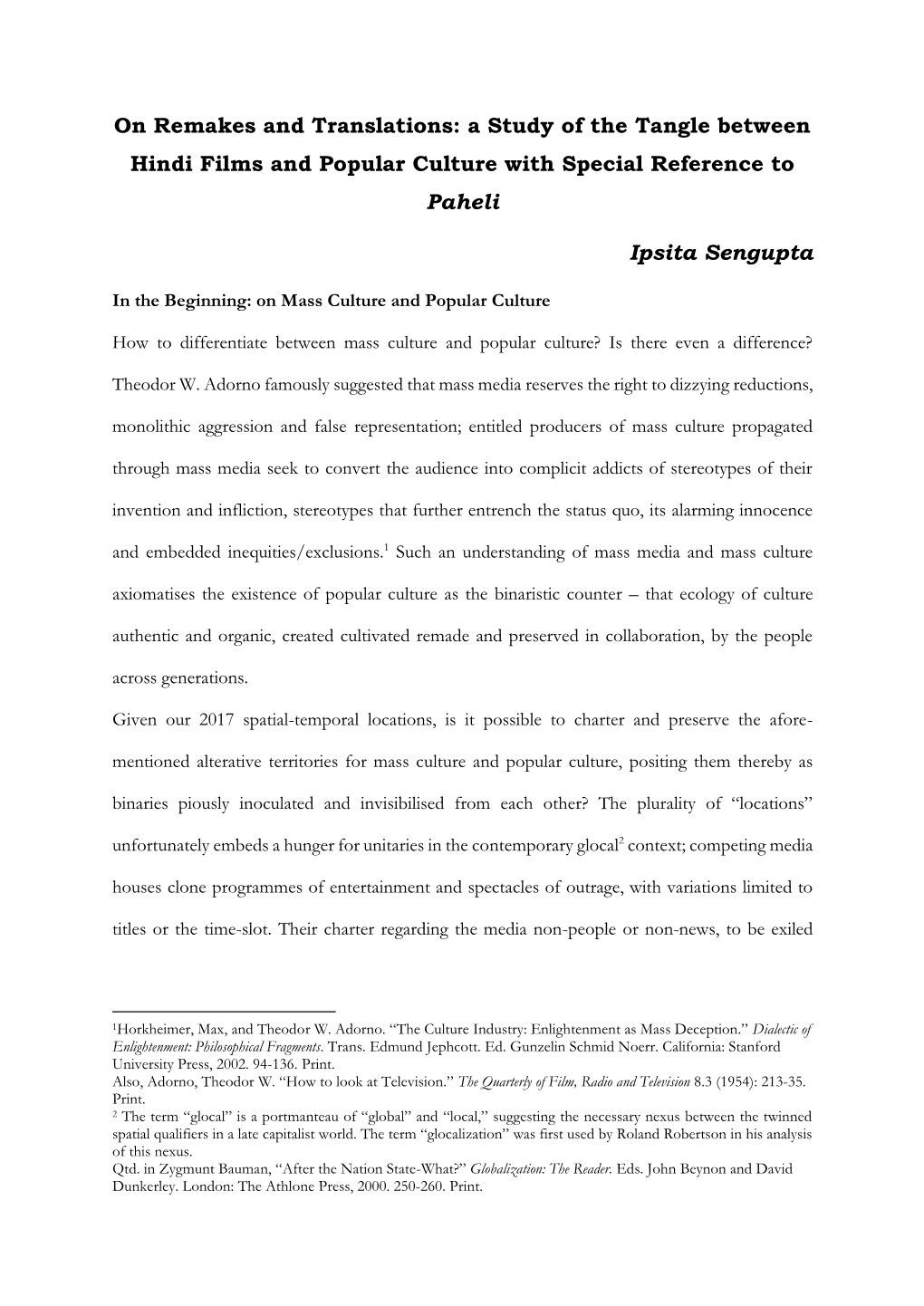 On Remakes and Translations: a Study of the Tangle Between Hindi Films and Popular Culture with Special Reference to Paheli