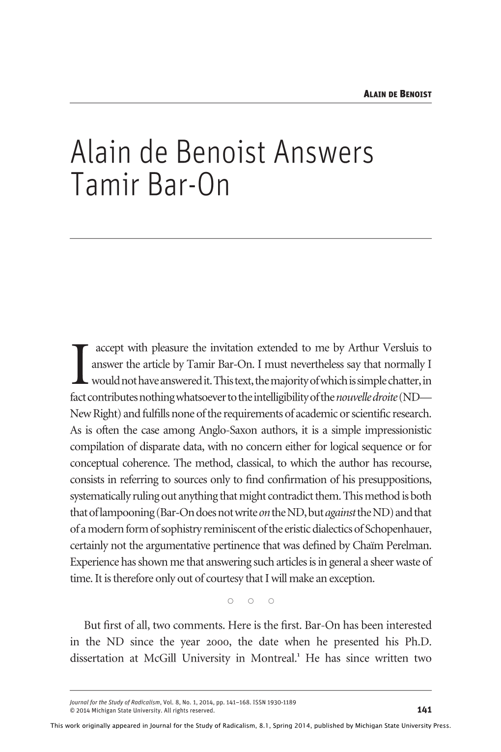 Alain De Benoist Answers Tamir Bar-On