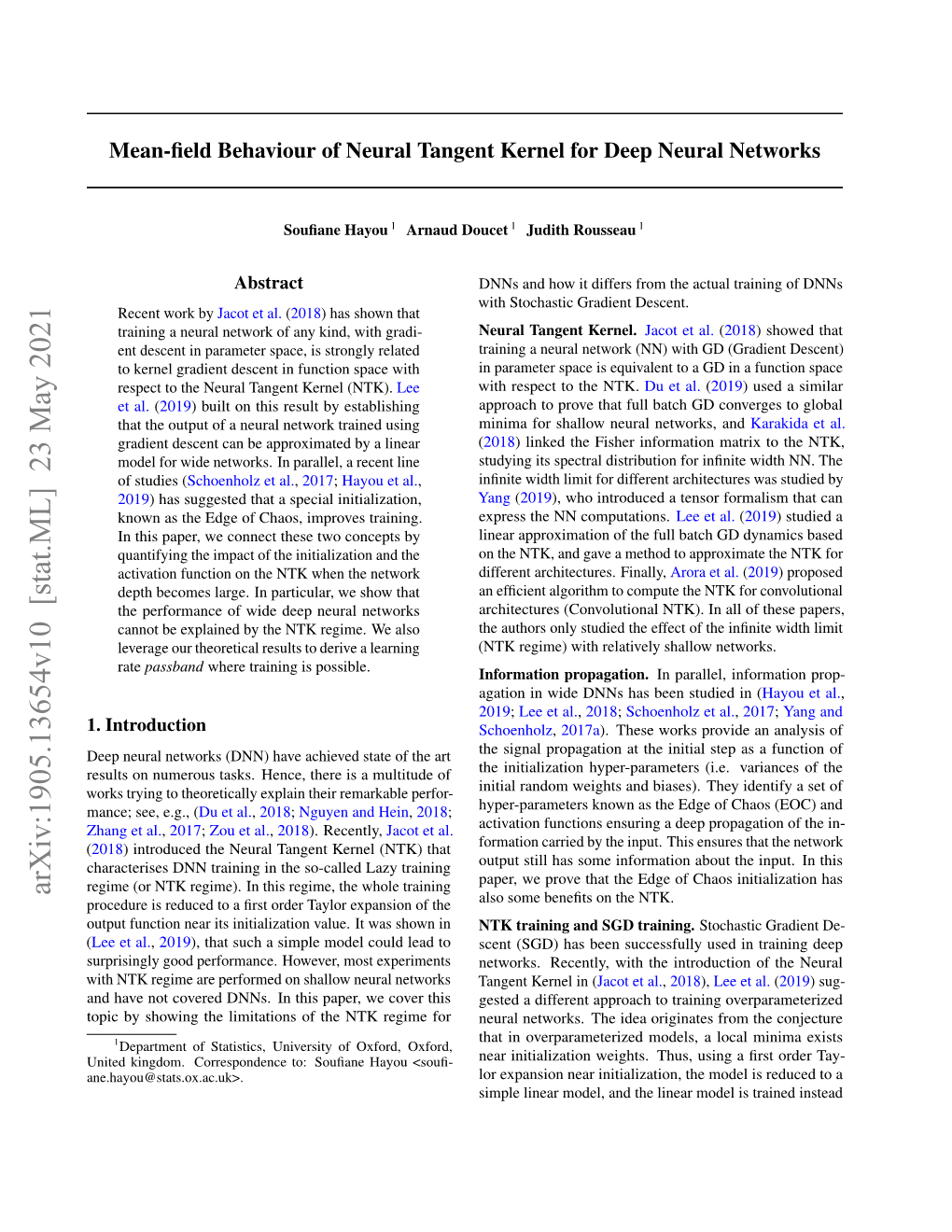 Mean-Field Behaviour of Neural Tangent Kernel for Deep Neural