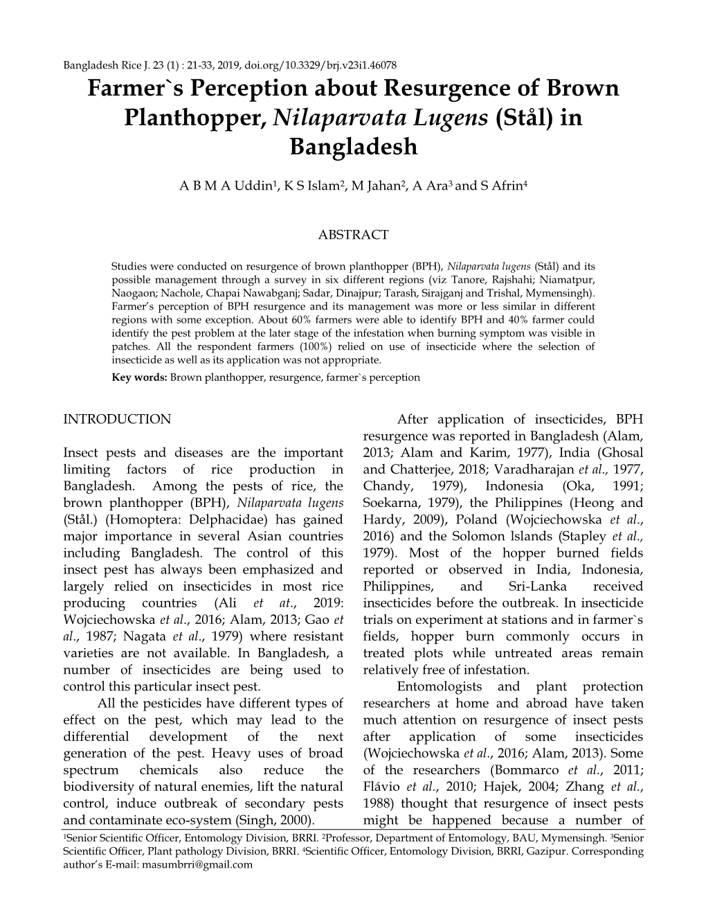Farmer`S Perception About Resurgence of Brown Planthopper, Nilaparvata Lugens (Stål) in Bangladesh