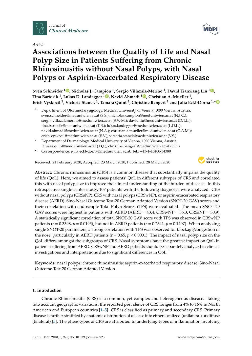 Associations Between the Quality of Life and Nasal Polyp Size In