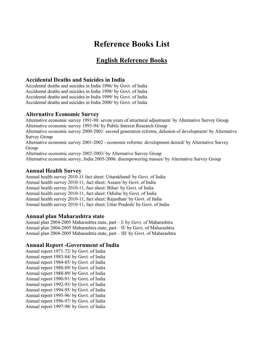 Reference Books List