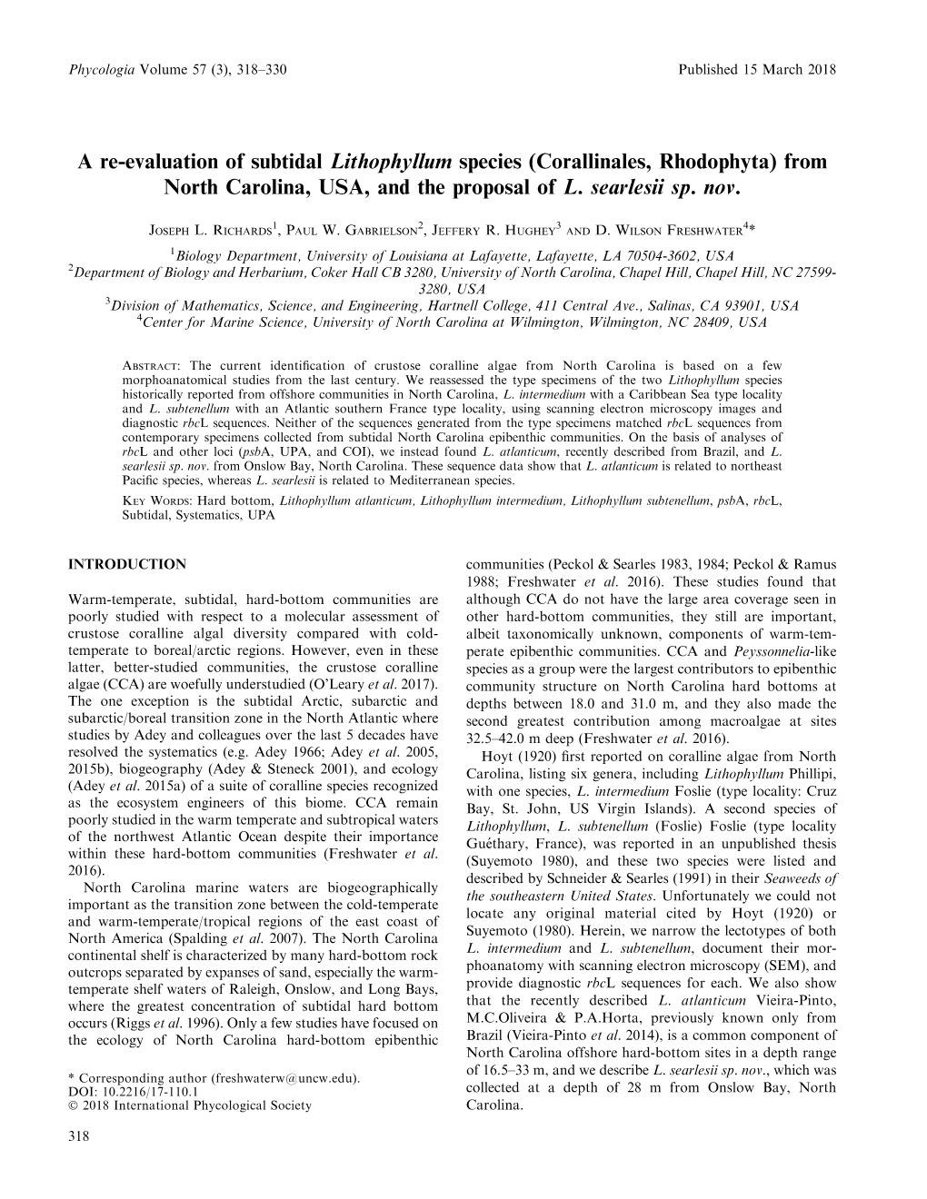A Re-Evaluation of Subtidal Lithophyllum Species (Corallinales, Rhodophyta) from North Carolina, USA, and the Proposal of L