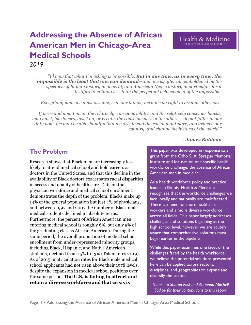 Addressing the Absence of African American Men in Chicago-Area Medical Schools 2019