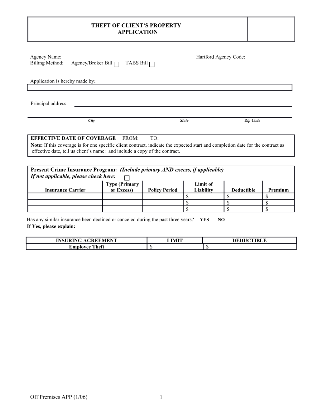 Crime Policy New Business Application for Mercantile and Governmental Entities