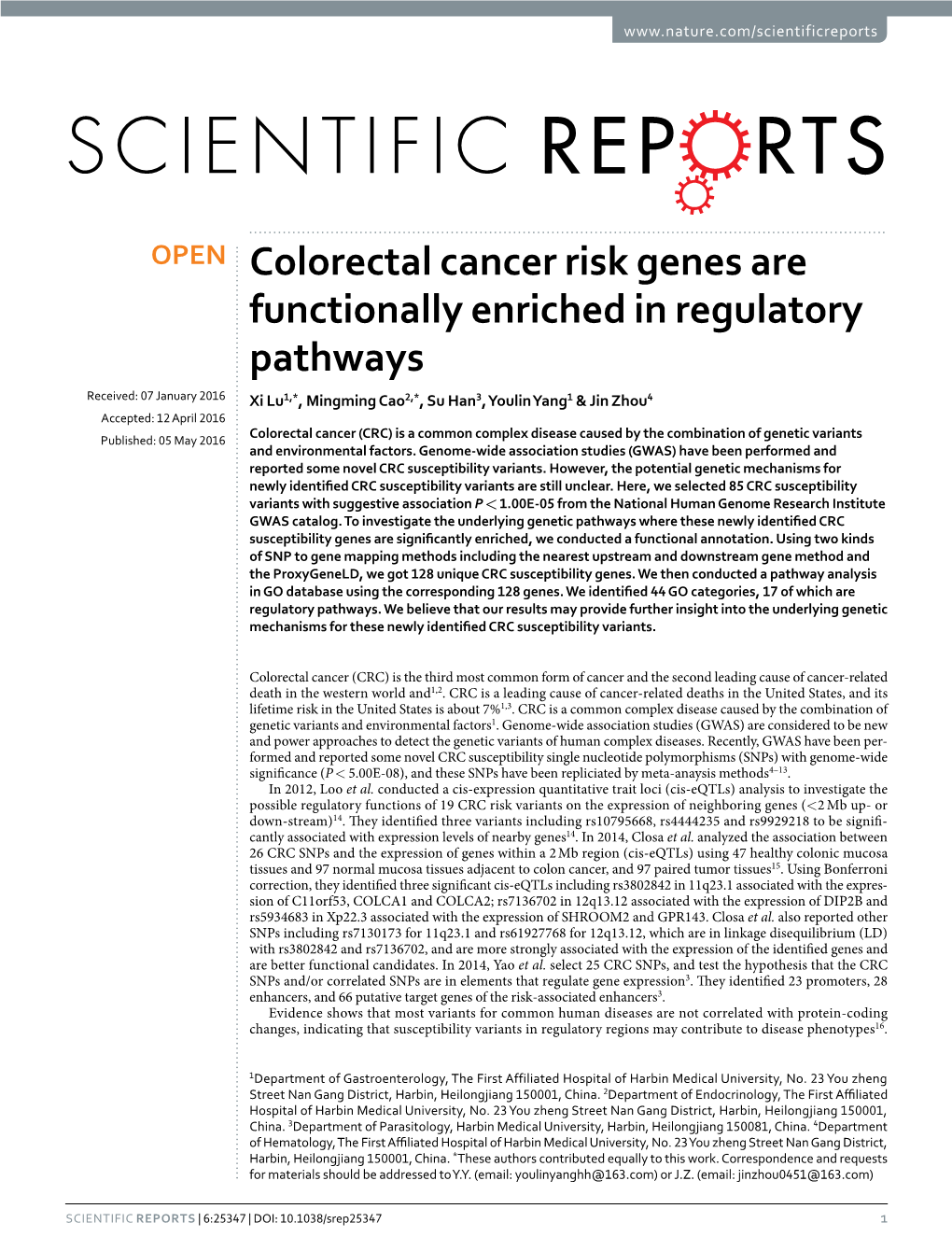 Colorectal Cancer Risk Genes Are Functionally Enriched in Regulatory