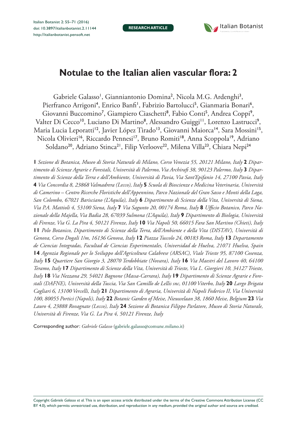 Notulae to the Italian Alien Vascular Flora: 2 55 Doi: 10.3897/Italianbotanist.2.11144 RESEARCH ARTICLE