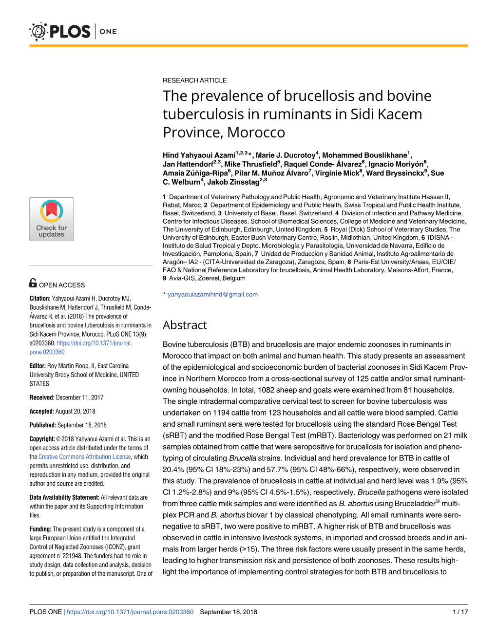 The Prevalence of Brucellosis and Bovine Tuberculosis in Ruminants in Sidi Kacem Province, Morocco