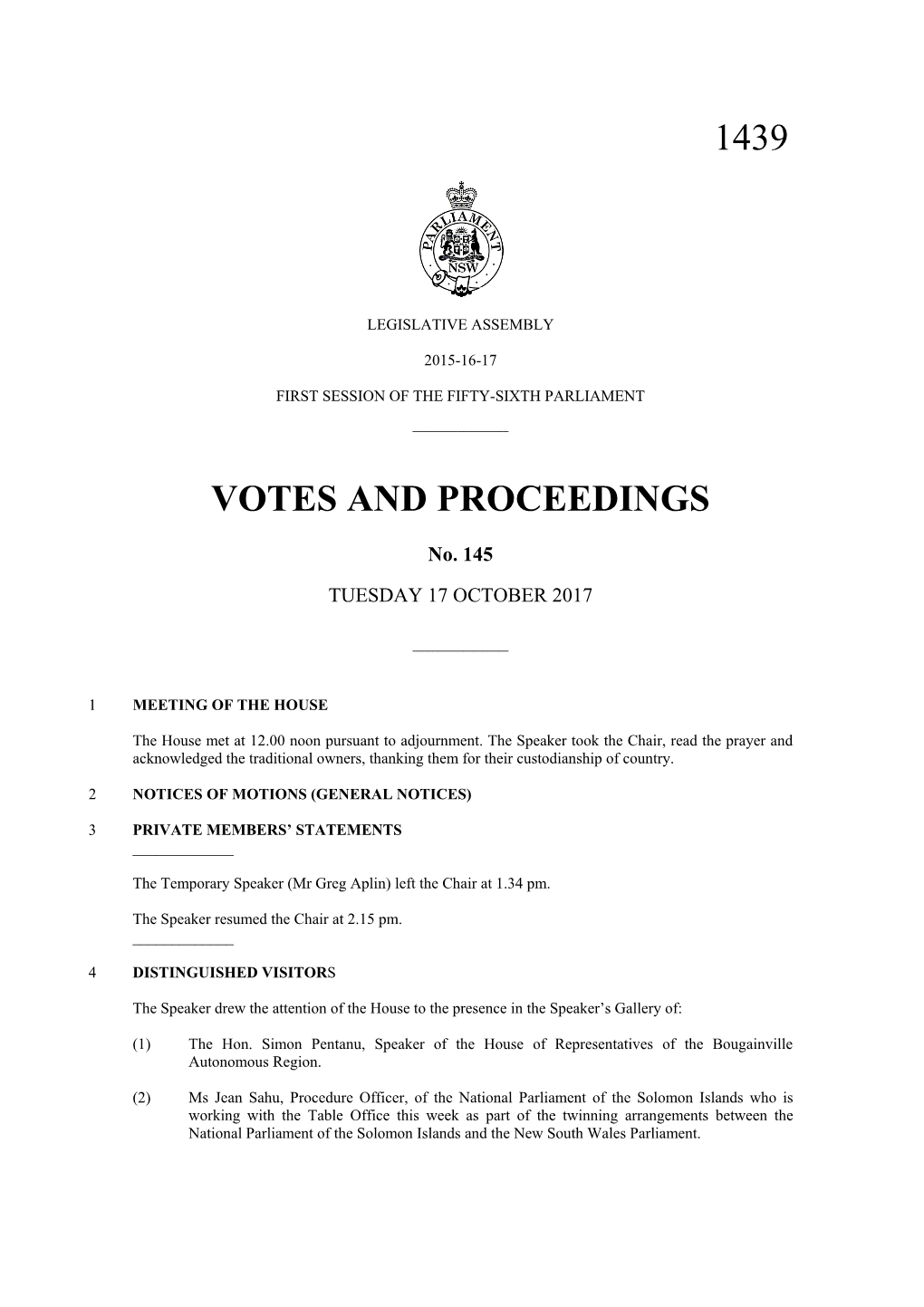 1439 Votes and Proceedings