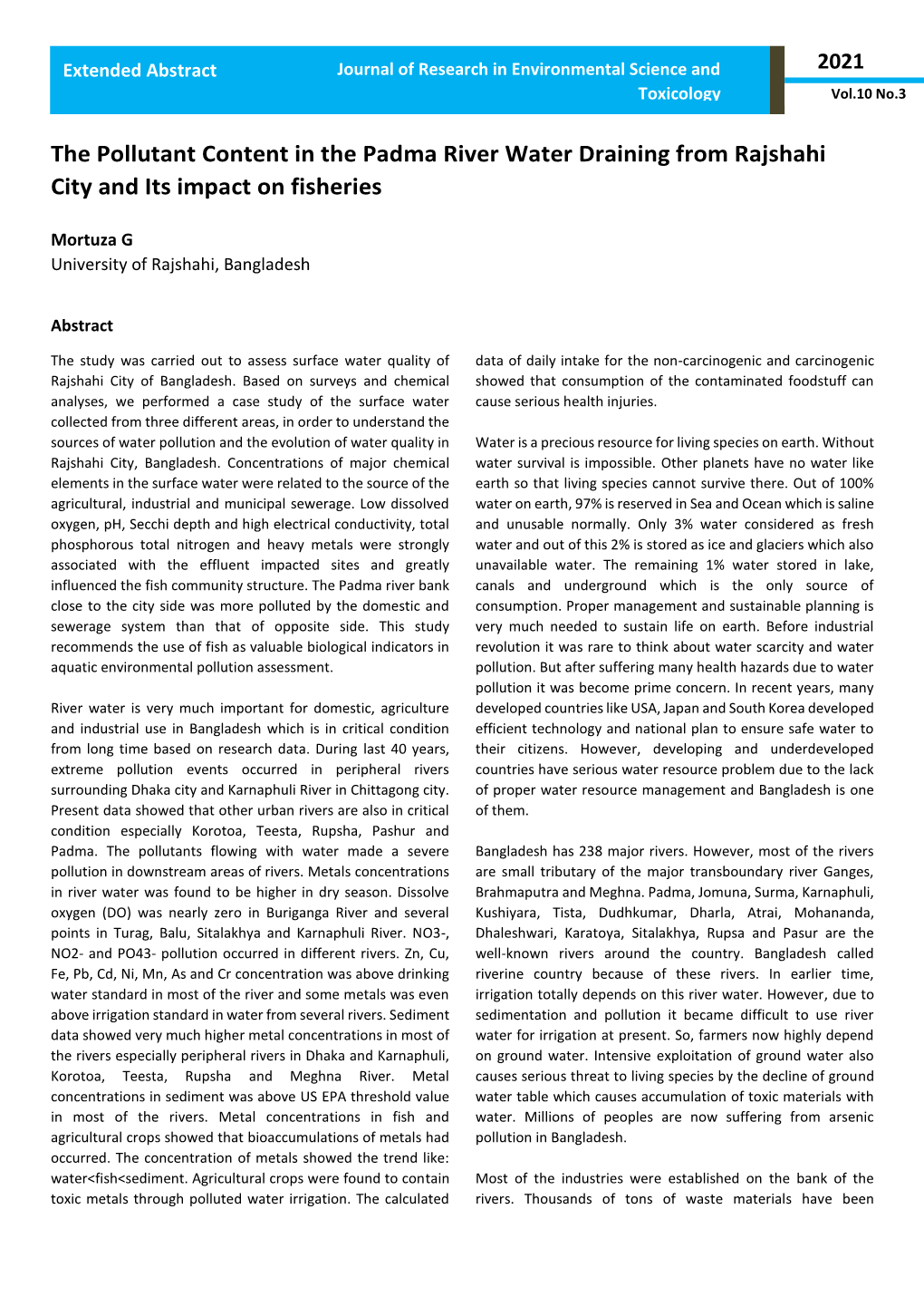 The Pollutant Content in the Padma River Water Draining from Rajshahi City and Its Impact on Fisheries