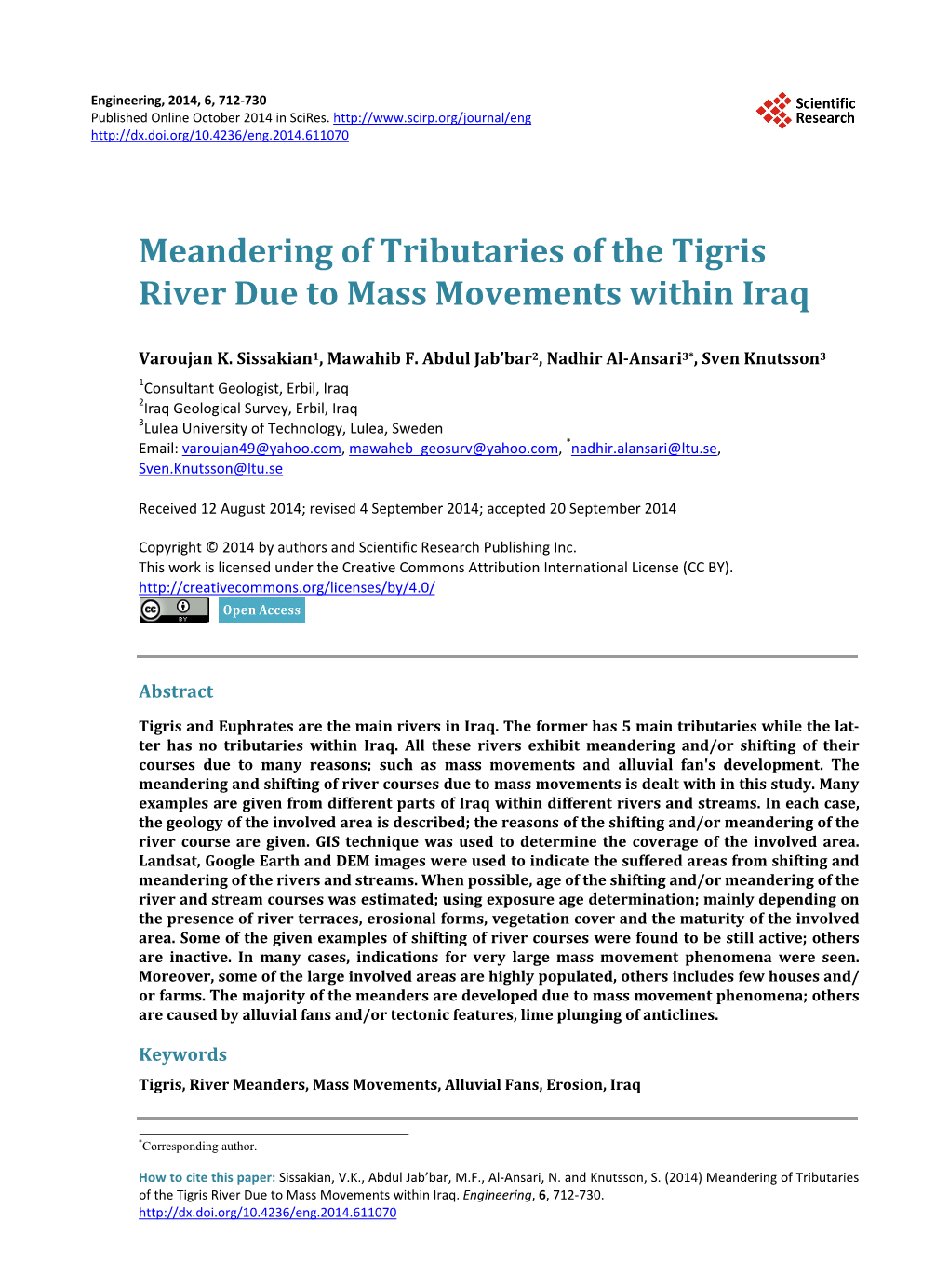 Meandering of Tributaries of the Tigris River Due to Mass Movements Within Iraq