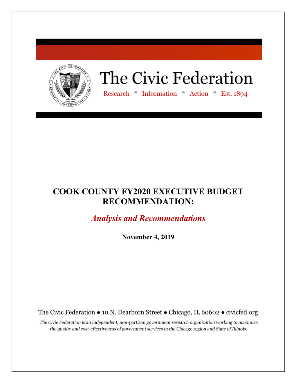 Cook County Fy2020 Executive Budget Recommendation