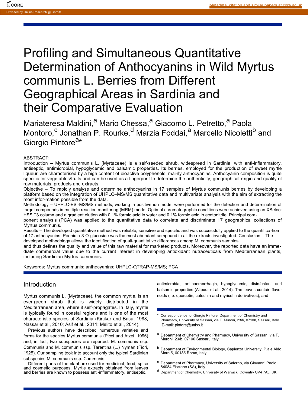 Profiling and Simultaneous Quantitative Determination of Anthocyanins in Wild Myrtus