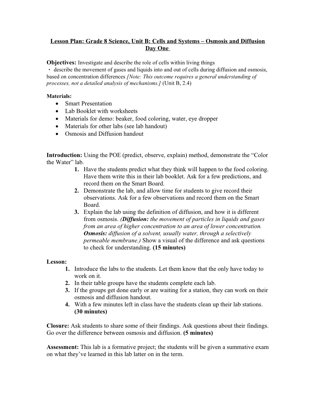 Lesson Plan: Grade 8 Science, Unit B: Cells and Systems Osmosis and Diffusion