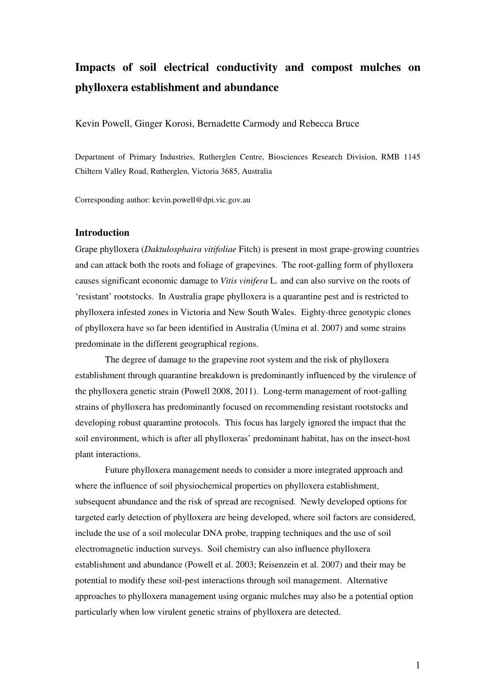 Impacts of Soil Electrical Conductivity and Compost Mulches on Phylloxera Establishment and Abundance