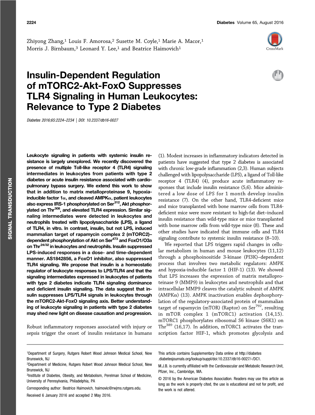 Insulin-Dependent Regulation of Mtorc2-Akt-Foxo Suppresses TLR4 Signaling in Human Leukocytes: Relevance to Type 2 Diabetes