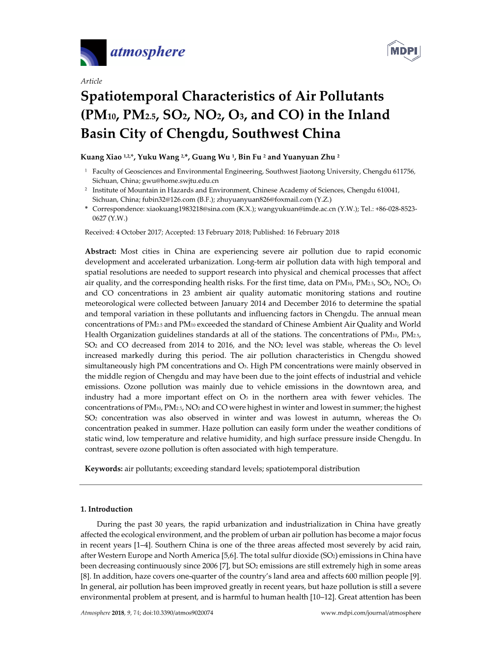 PM10, PM2.5, SO2, NO2, O3, and CO) in the Inland Basin City of Chengdu, Southwest China