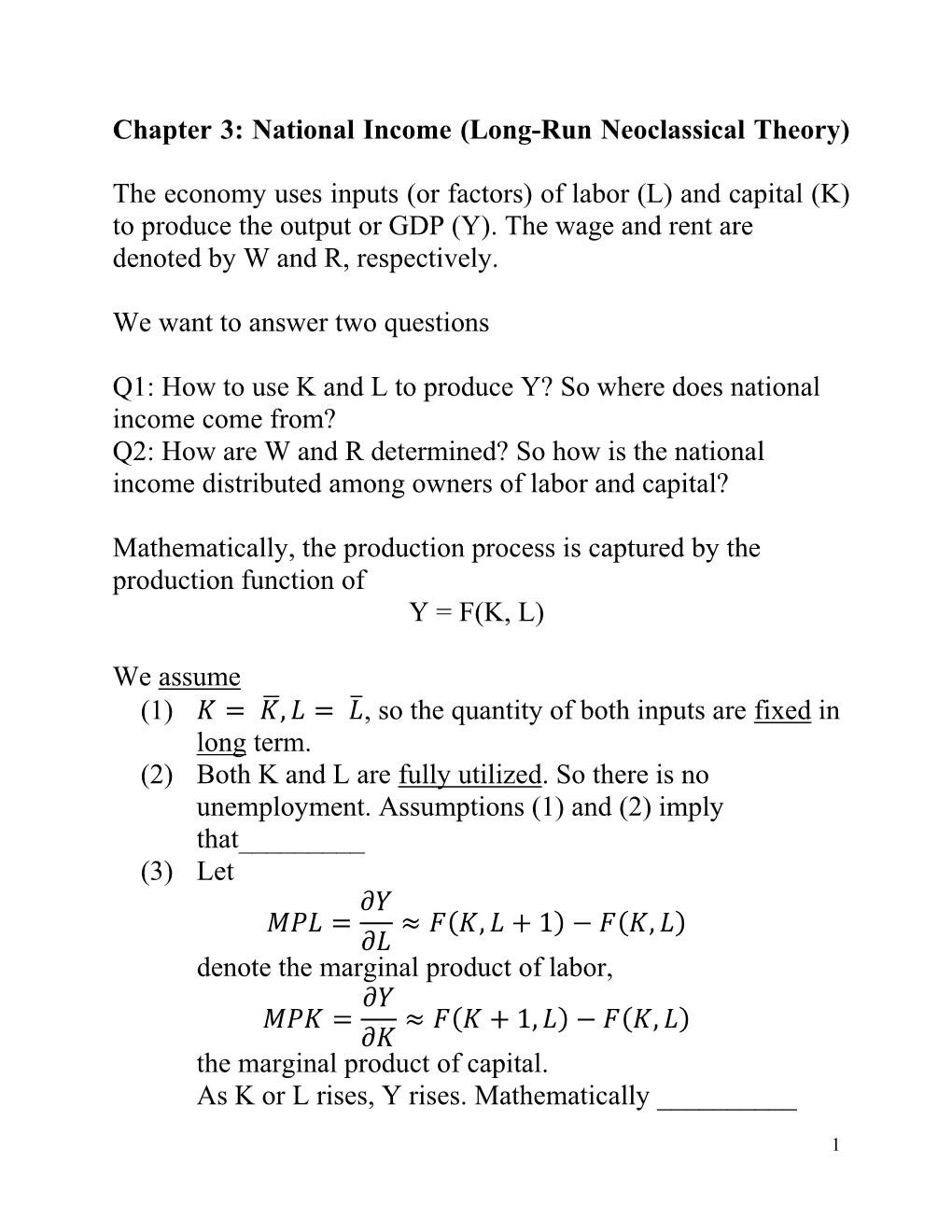 Chapter 3: National Income (Long-Run Neoclassical Theory)