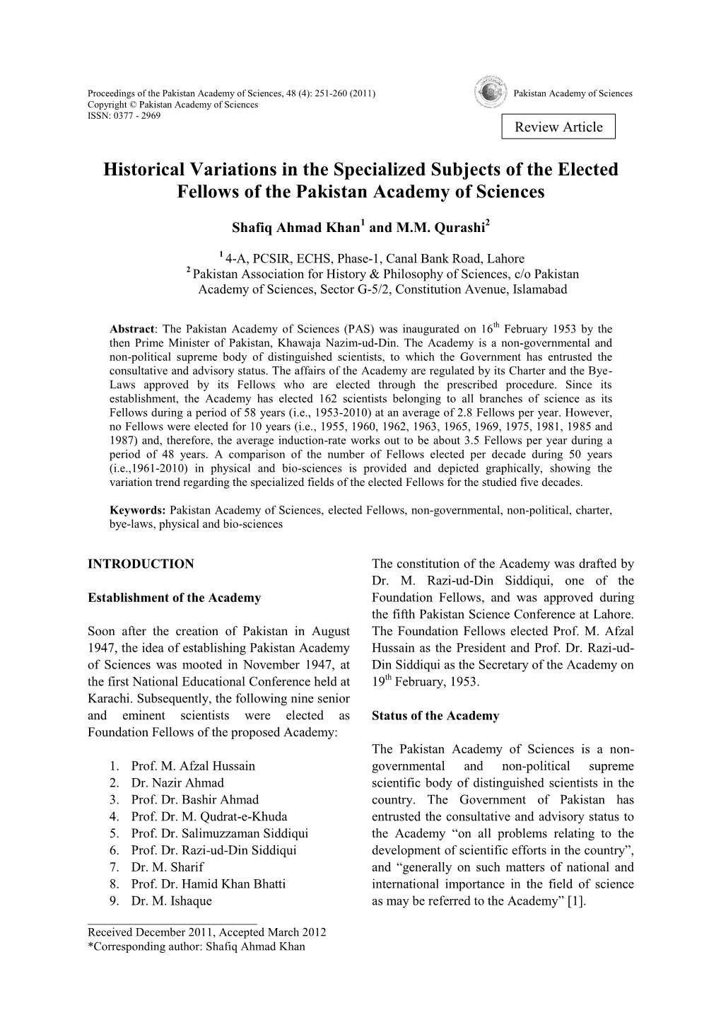 Historical Variations in the Specialized Subjects of the Elected Fellows of the Pakistan Academy of Sciences