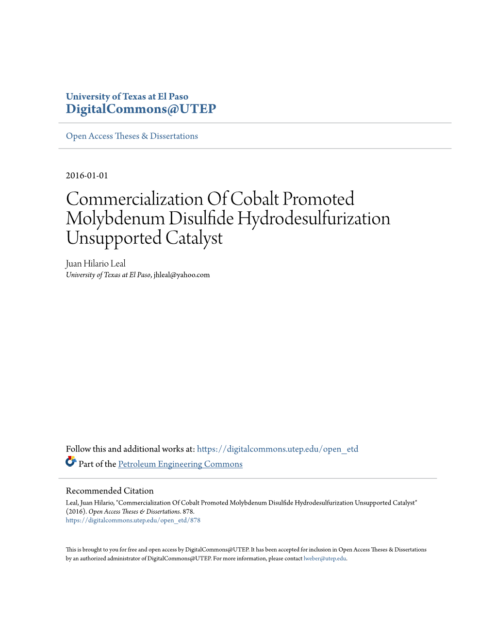 Commercialization of Cobalt Promoted Molybdenum Disulfide