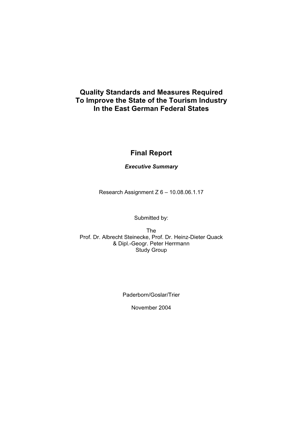 Quality Standards and Measures Required to Improve the State of the Tourism Industry in the East German Federal States Final