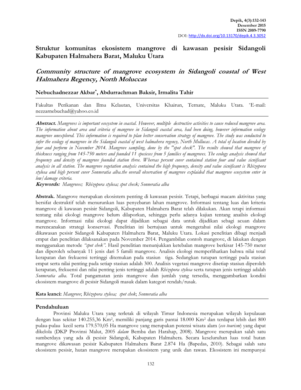 Community Structure of Mangrove Ecosystem in Sidangoli Coastal of West Halmahera Regency, North Moluccas