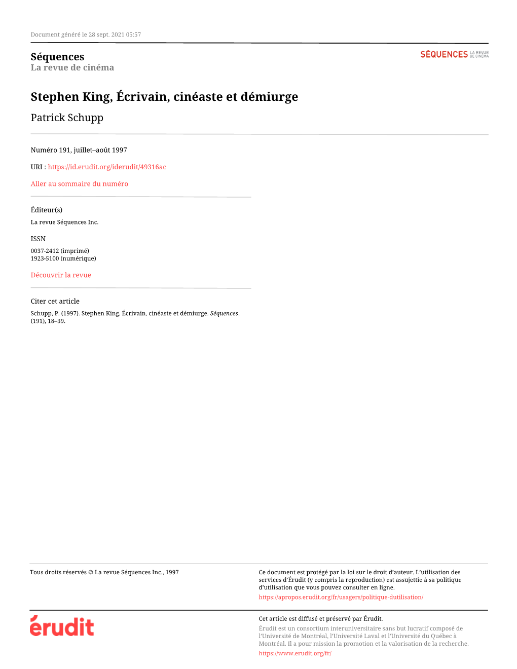 Stephen King, Écrivain, Cinéaste Et Démiurge Patrick Schupp