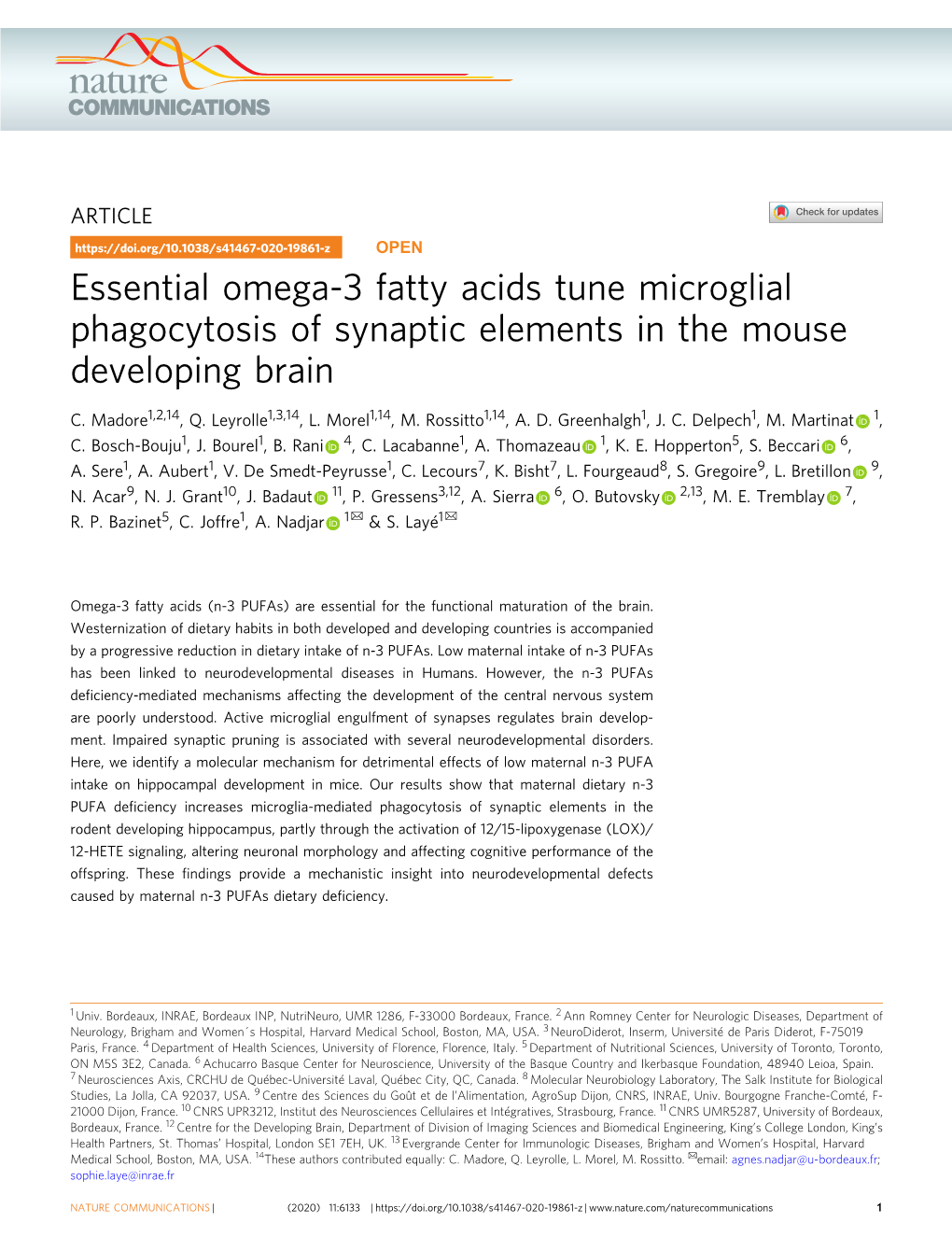 Essential Omega-3 Fatty Acids Tune Microglial Phagocytosis of Synaptic Elements in the Mouse Developing Brain