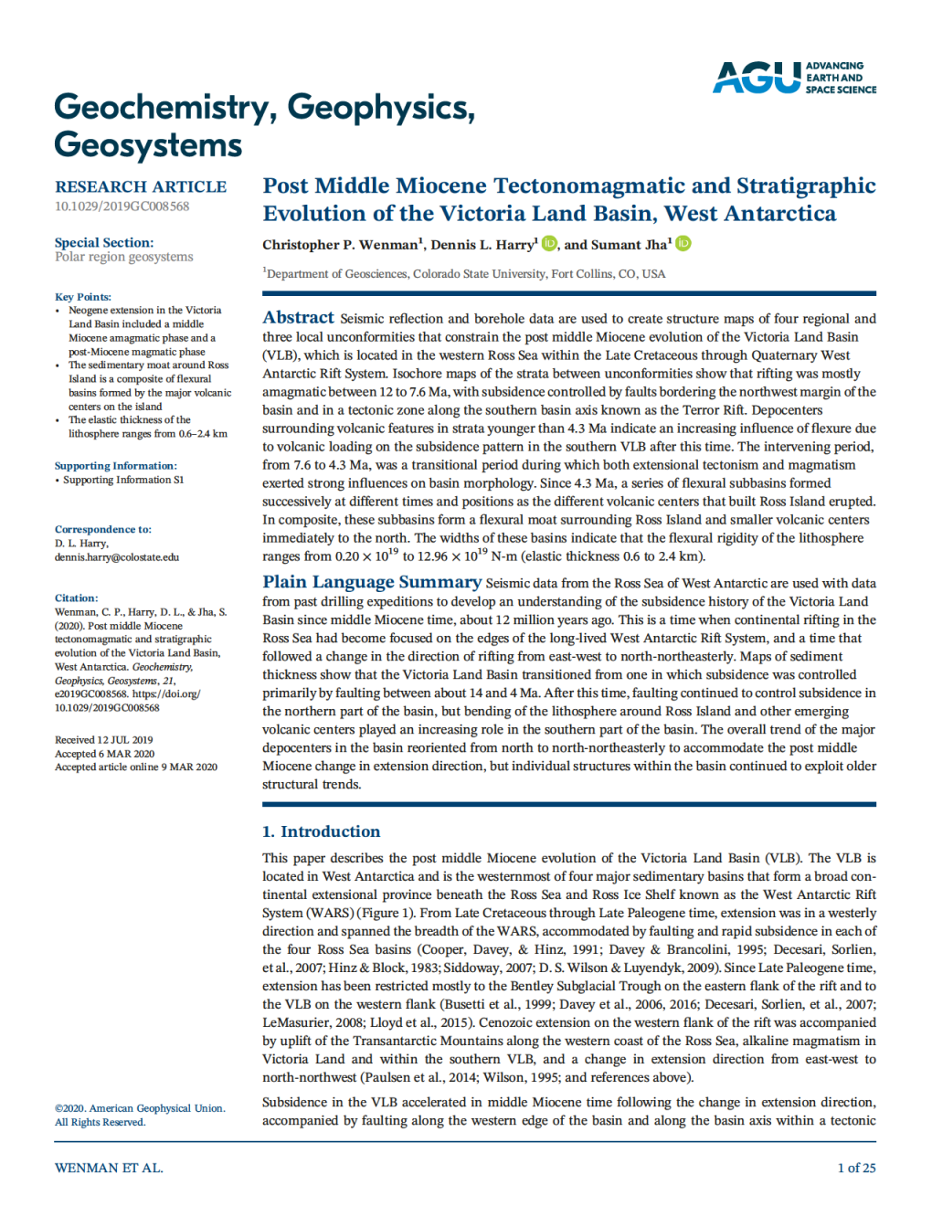 Post Middle Miocene Tectonomagmatic and Stratigraphic 10.1029/2019GC008568 Evolution of the Victoria Land Basin, West Antarctica Special Section: Christopher P