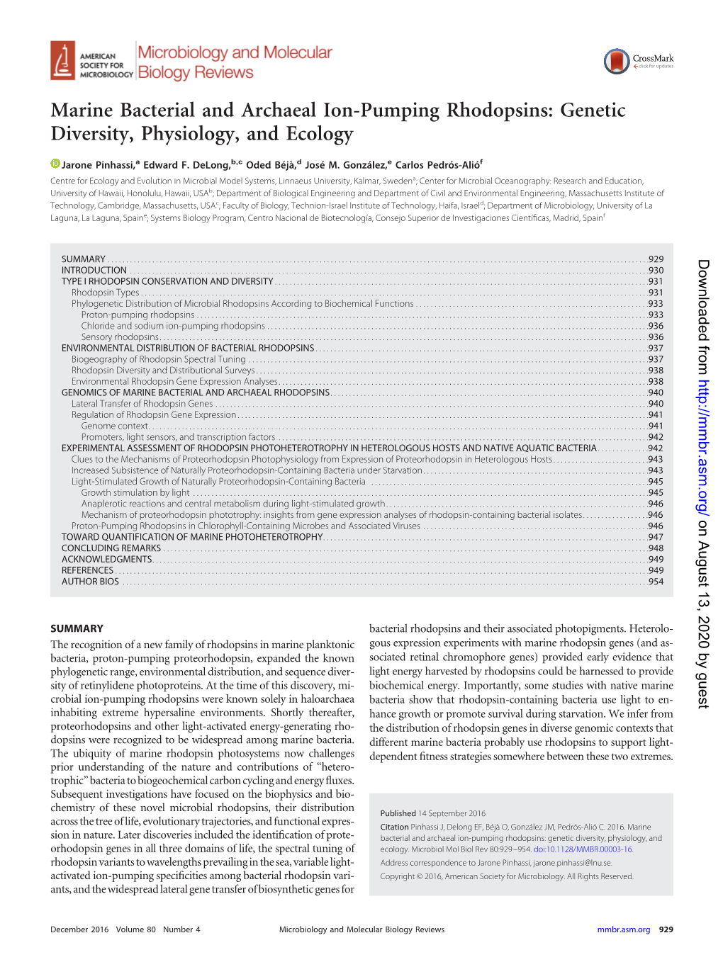 Marine Bacterial and Archaeal Ion-Pumping Rhodopsins: Genetic Diversity, Physiology, and Ecology