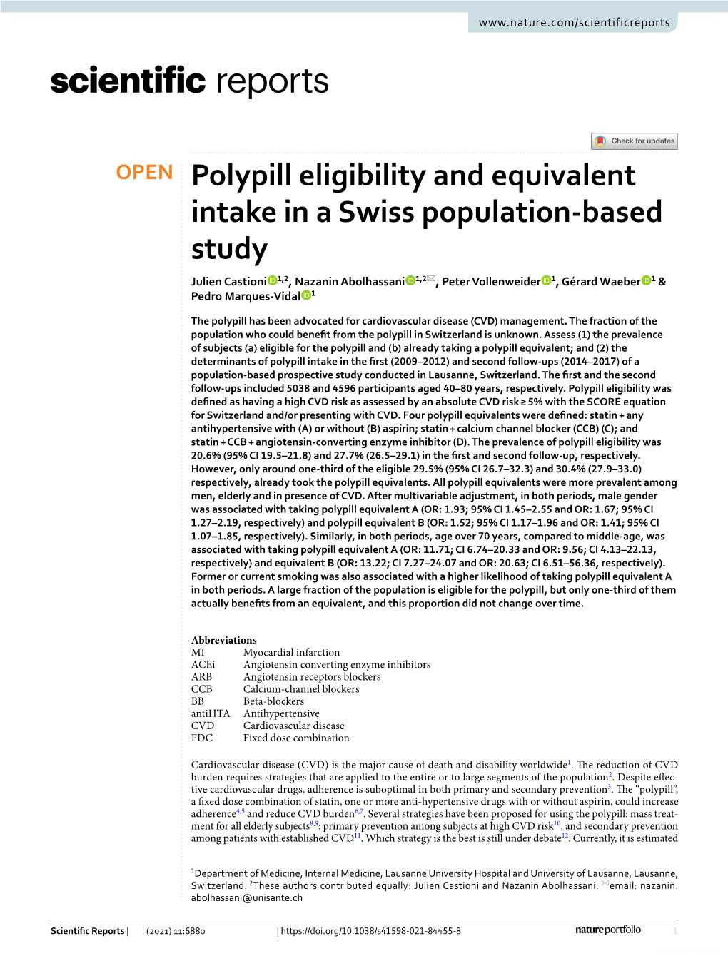 Polypill Eligibility and Equivalent Intake in a Swiss Population-Based