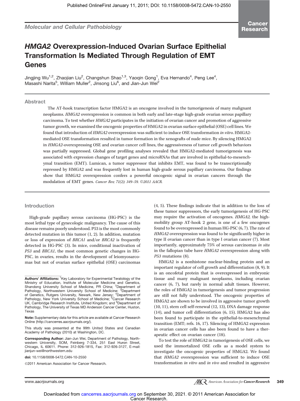 HMGA2 Overexpression-Induced Ovarian Surface Epithelial Transformation Is Mediated Through Regulation of EMT Genes