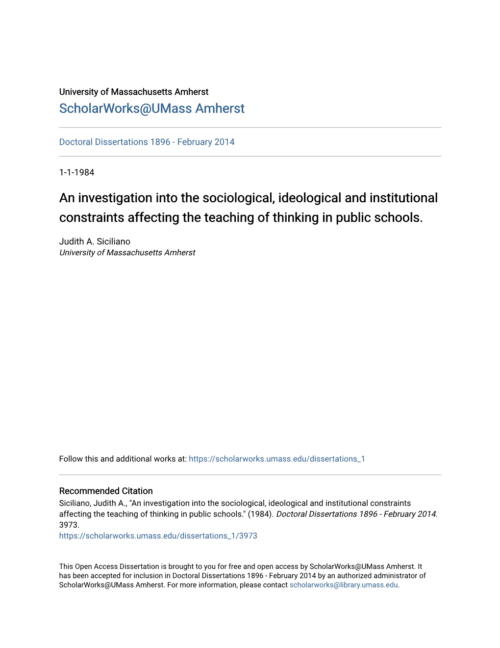 An Investigation Into the Sociological, Ideological and Institutional Constraints Affecting the Teaching of Thinking in Public Schools