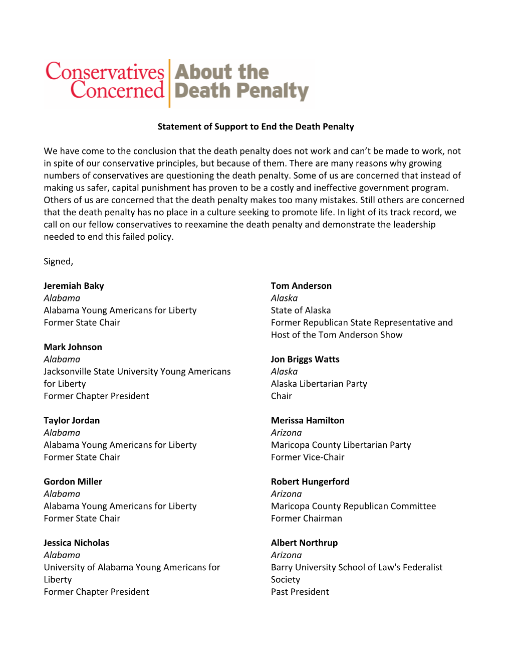 Conservative Statement to End Death Penalty with 250+ Signatories