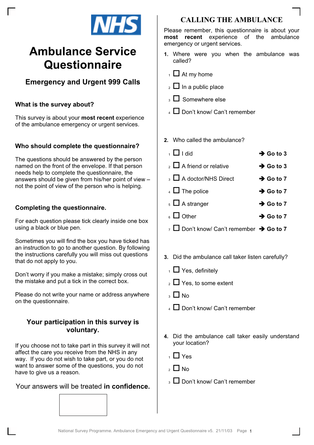 Ambulance Service Questionnaire