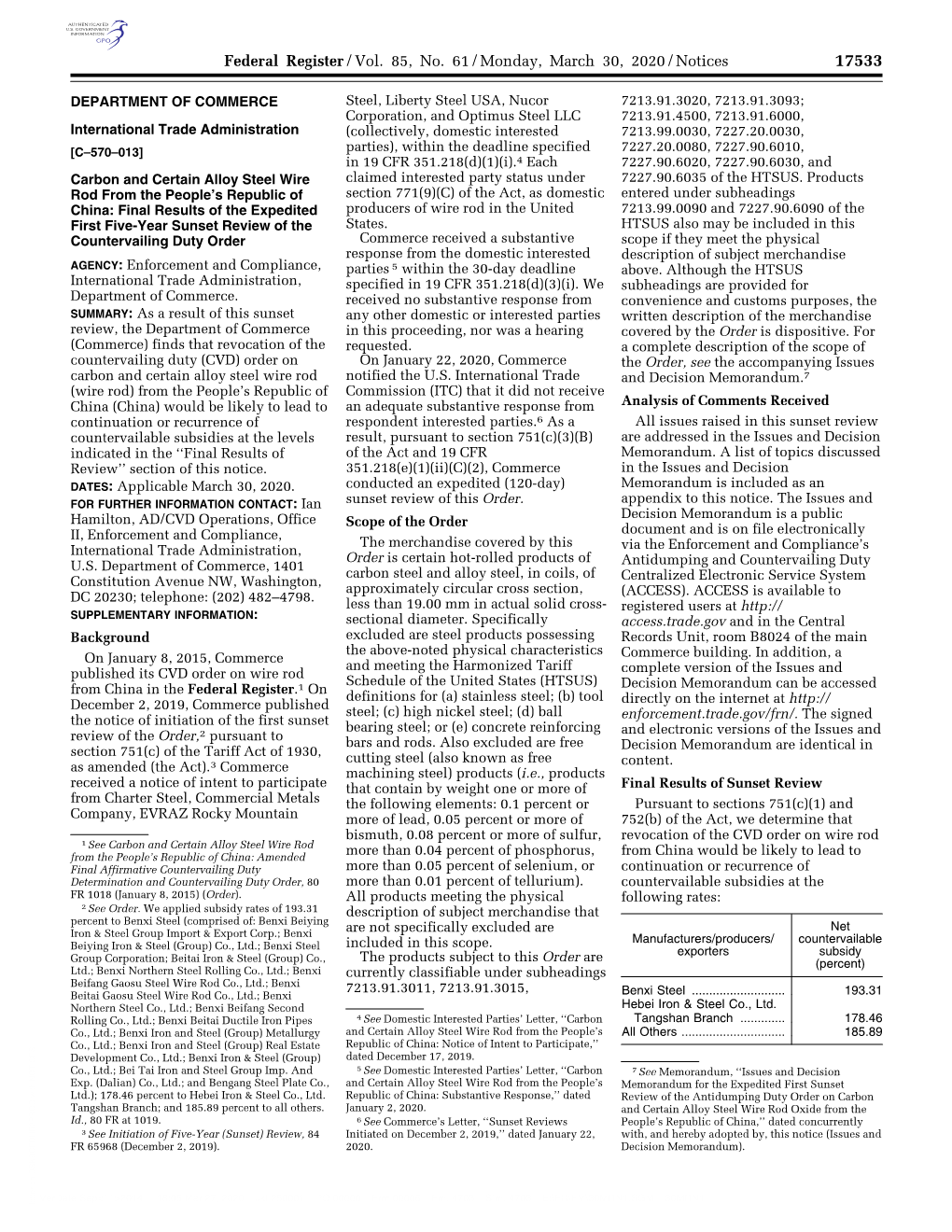 Federal Register/Vol. 85, No. 61/Monday, March 30, 2020/Notices