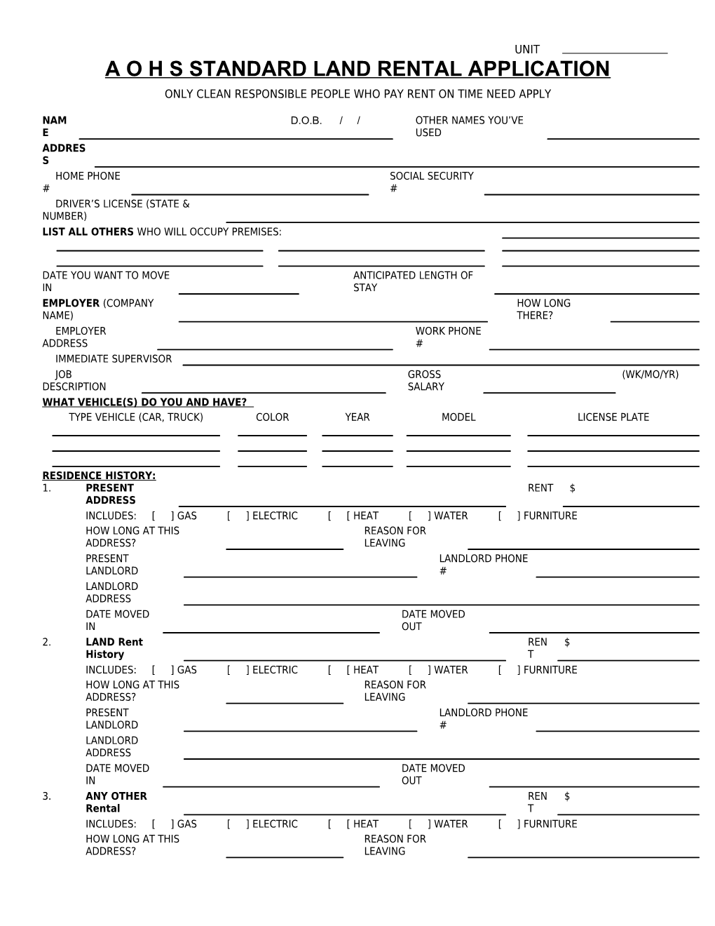 A O H S Standard Land Rental Application