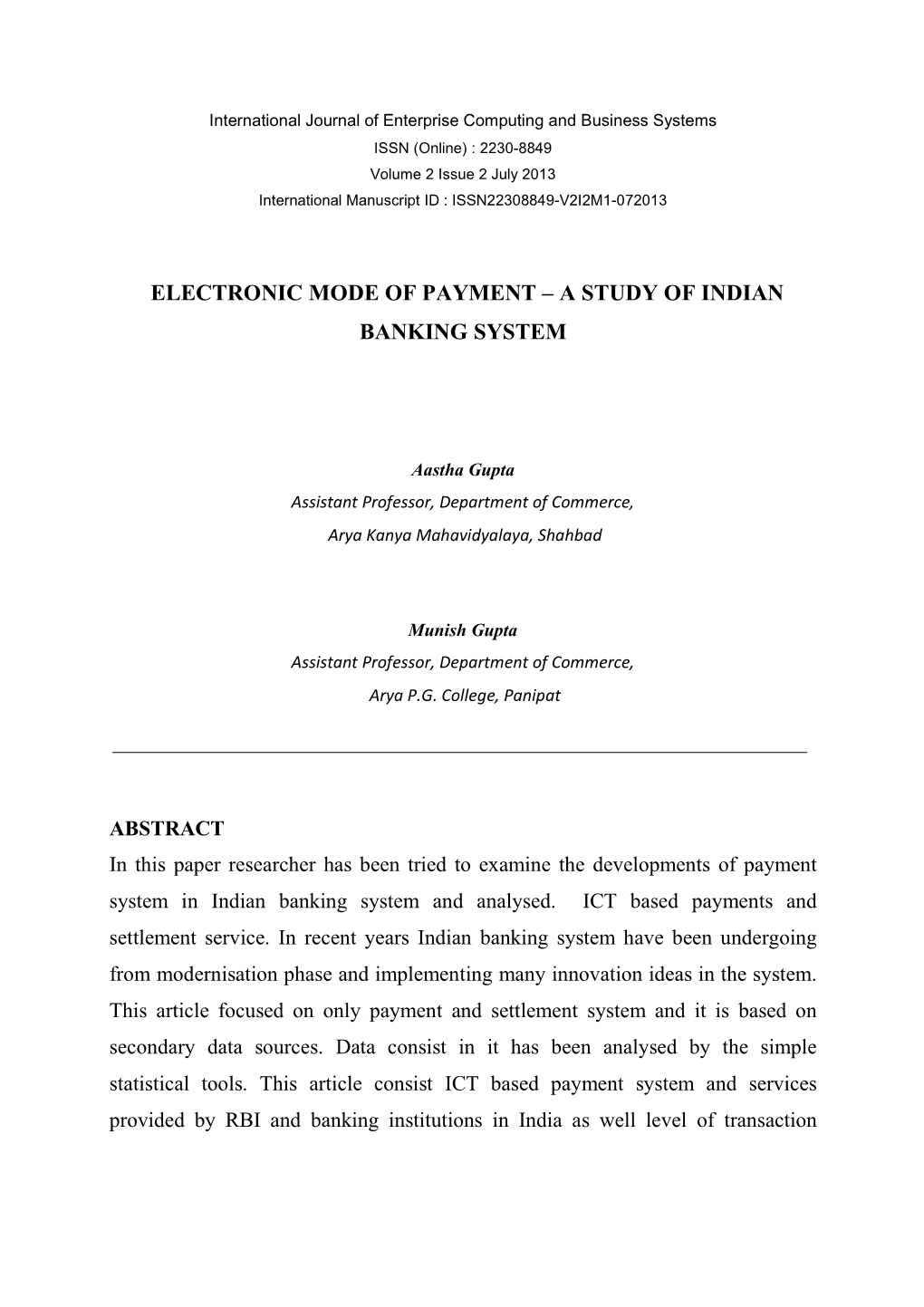 Electronic Mode of Payment – a Study of Indian Banking
