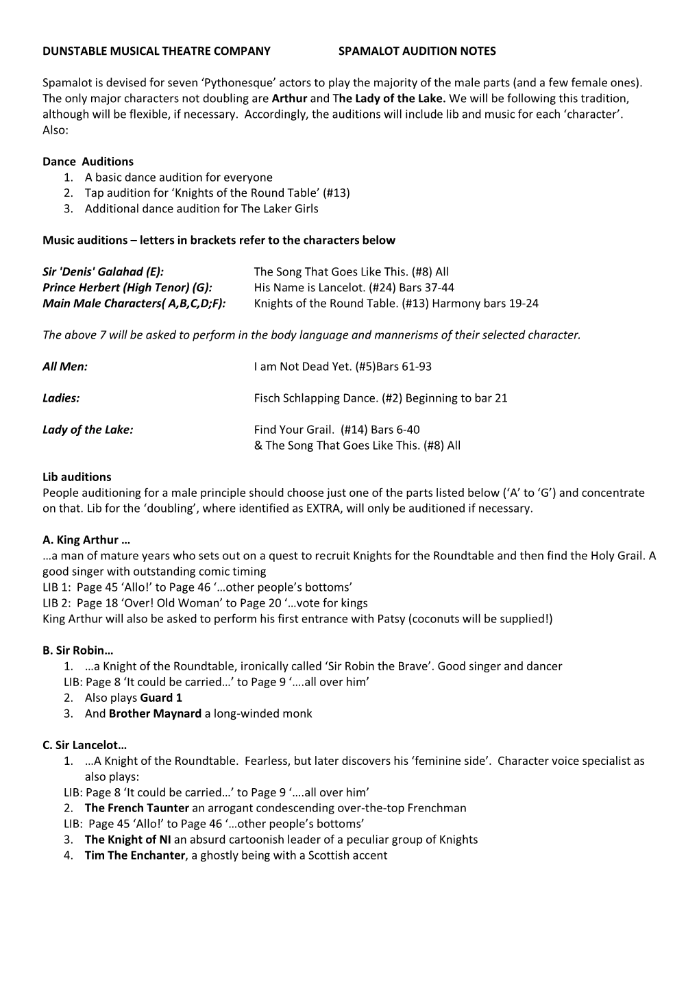 Dunstable Musical Theatre Company Spamalot Audition Notes