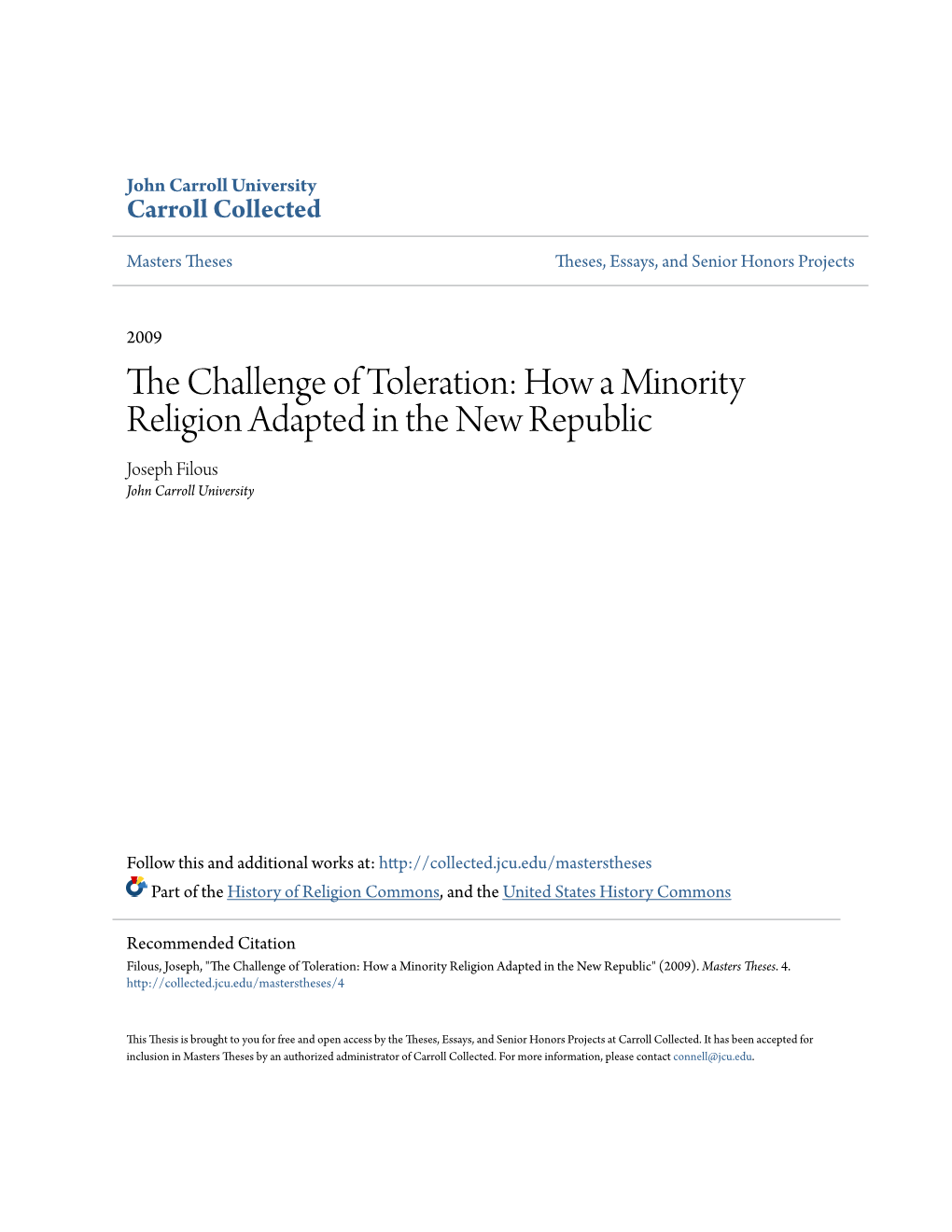 The Challenge of Toleration: How a Minority Religion Adapted in the New Republic