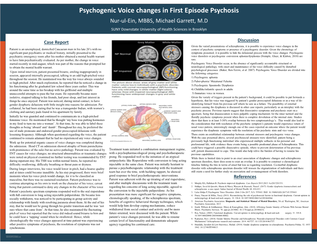 Psychogenic Voice Changes in First Episode Psychosis Nur-Ul-Ein, MBBS, Michael Garrett, M.D SUNY Downstate University of Health Sciences in Brooklyn