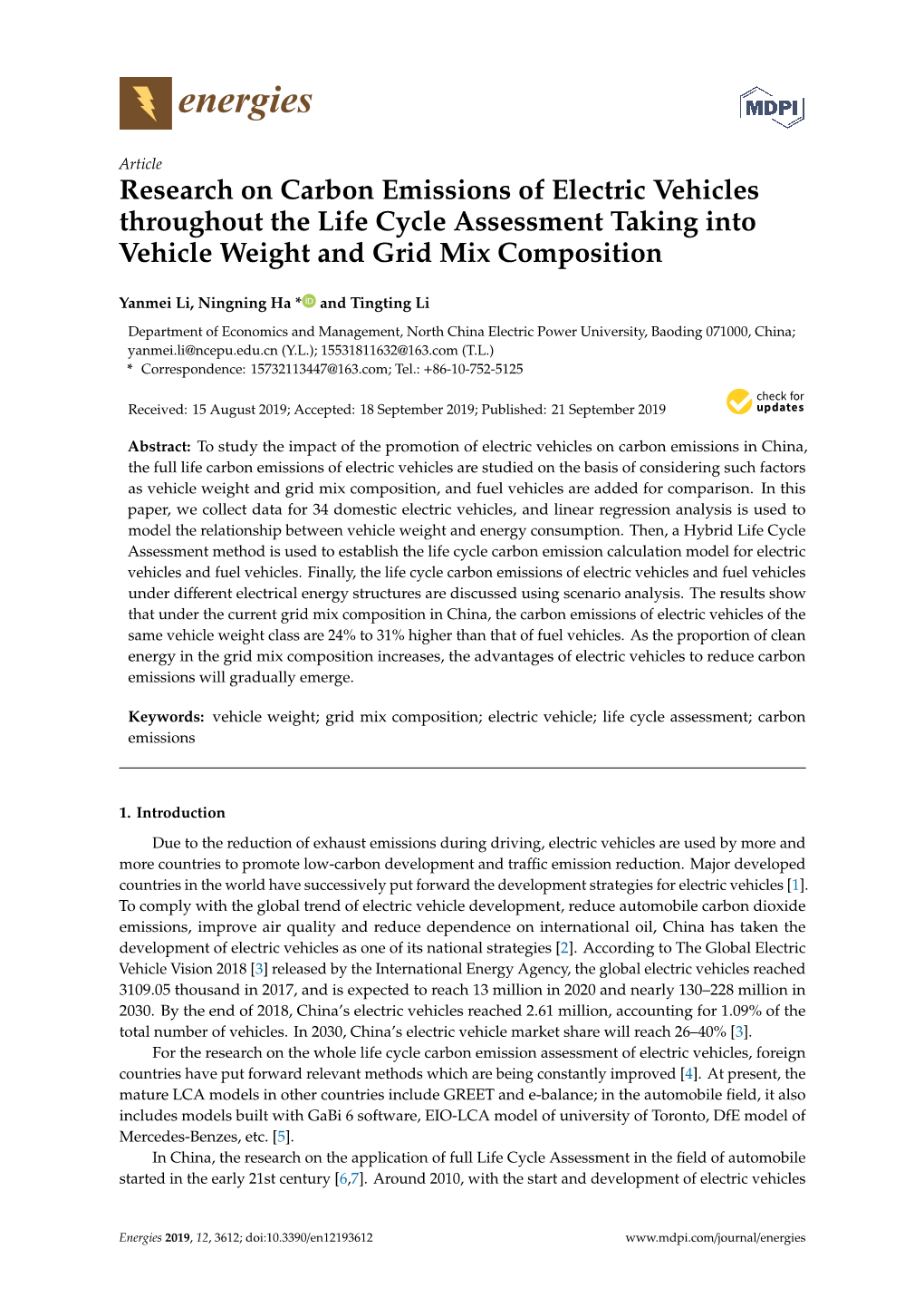 Research on Carbon Emissions of Electric Vehicles Throughout the Life Cycle Assessment Taking Into Vehicle Weight and Grid Mix Composition