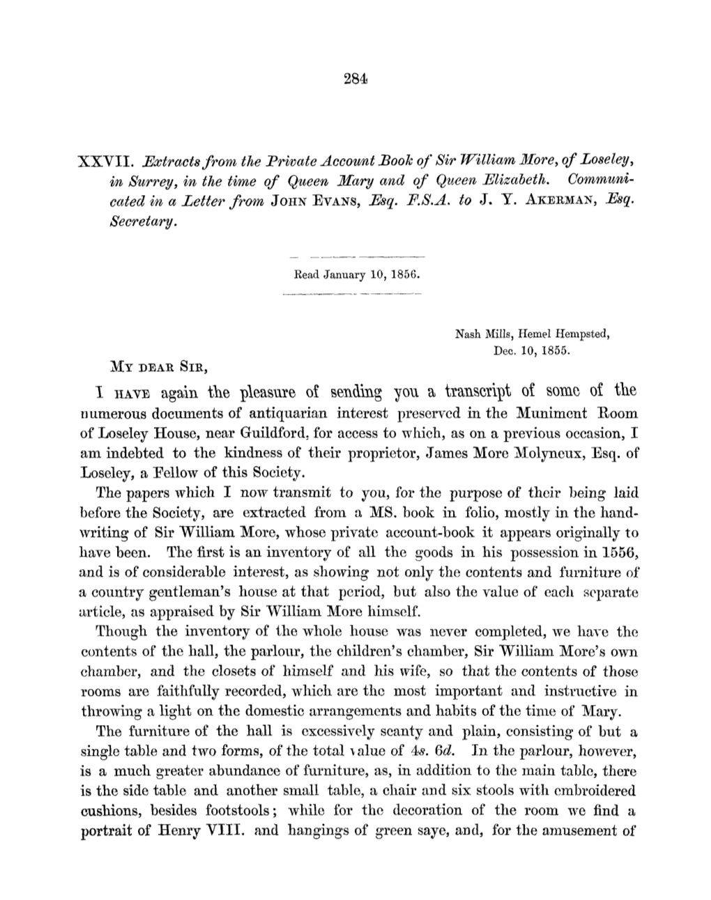 XXVII. Extracts from the Private Account Book of Sir William More, of Loseley, in Surrey, in the Time of Queen Mary and of Queen Elizabeth