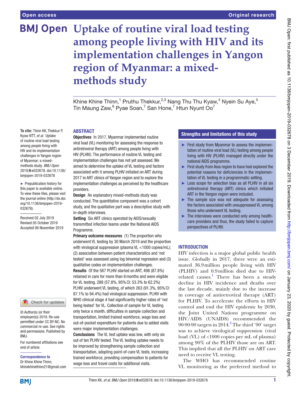 Uptake of Routine Viral Load Testing Among People Living with HIV and Its Implementation Challenges in Yangon Region of Myanmar: a Mixed-­ Methods Study