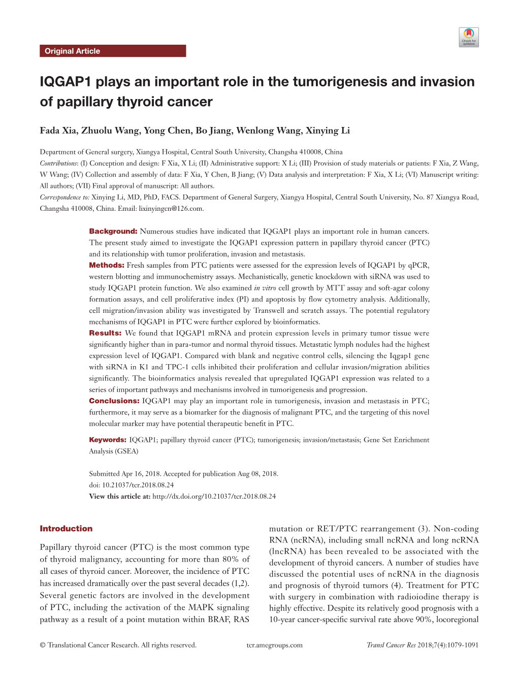 IQGAP1 Plays an Important Role in the Tumorigenesis and Invasion of Papillary Thyroid Cancer
