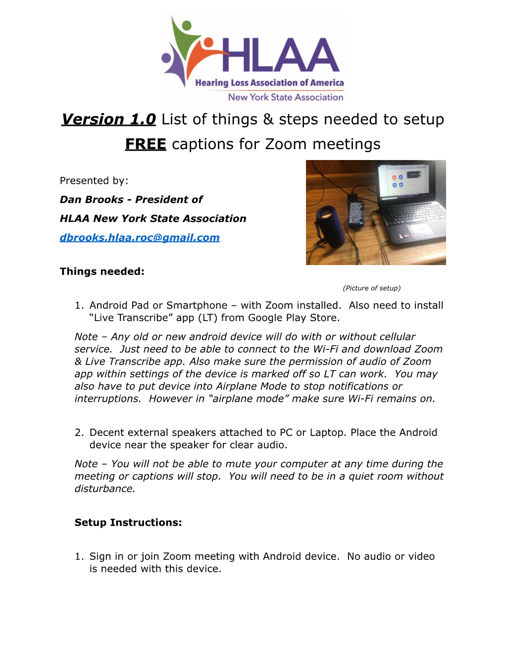 1.0 Instructions of Live Transcibe Captions Setup For