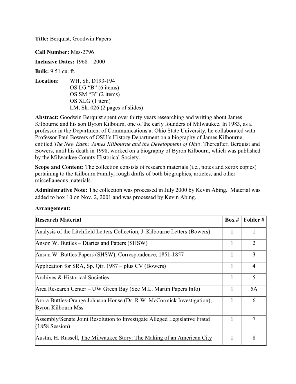 Berquist, Goodwin Papers Call Number: Mss-2796 Inclusive Dates