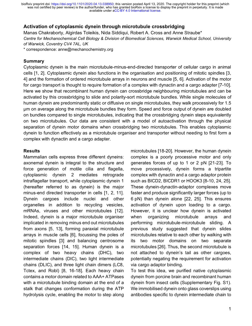 Activation of Cytoplasmic Dynein Through Microtubule Crossbridging Manas Chakraborty, Algirdas Toleikis, Nida Siddiqui, Robert A